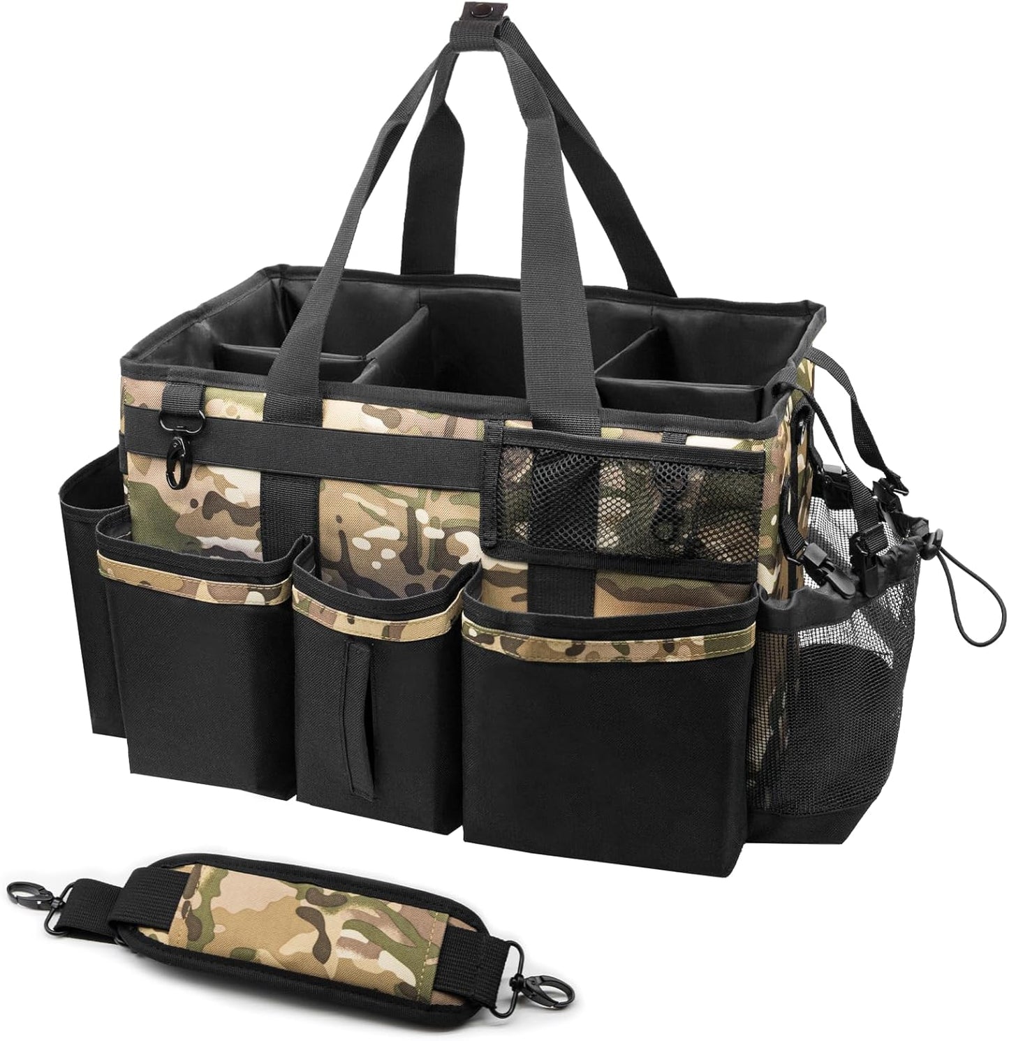 Wearable Cleaning Caddy Organizer with Handle & Shoulder Straps for Housekeepers, Under Sink & Car Cleaning Tool Organizer Bag with 4 Foldable Dividers (Camouflage)