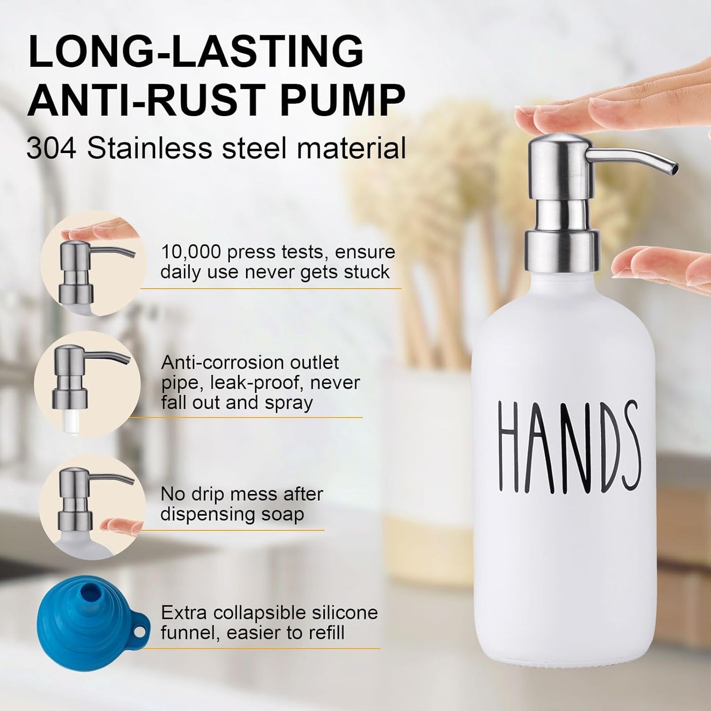 Glass Soap Dispenser for Kitchen,Farmhouse Kitchen Dish Hand Soap Dispenser Set,Rustproof Pump Soap Lotion Dispenser Set with Tray and Dish Brush,Kitchen Decor White-Silver Pump