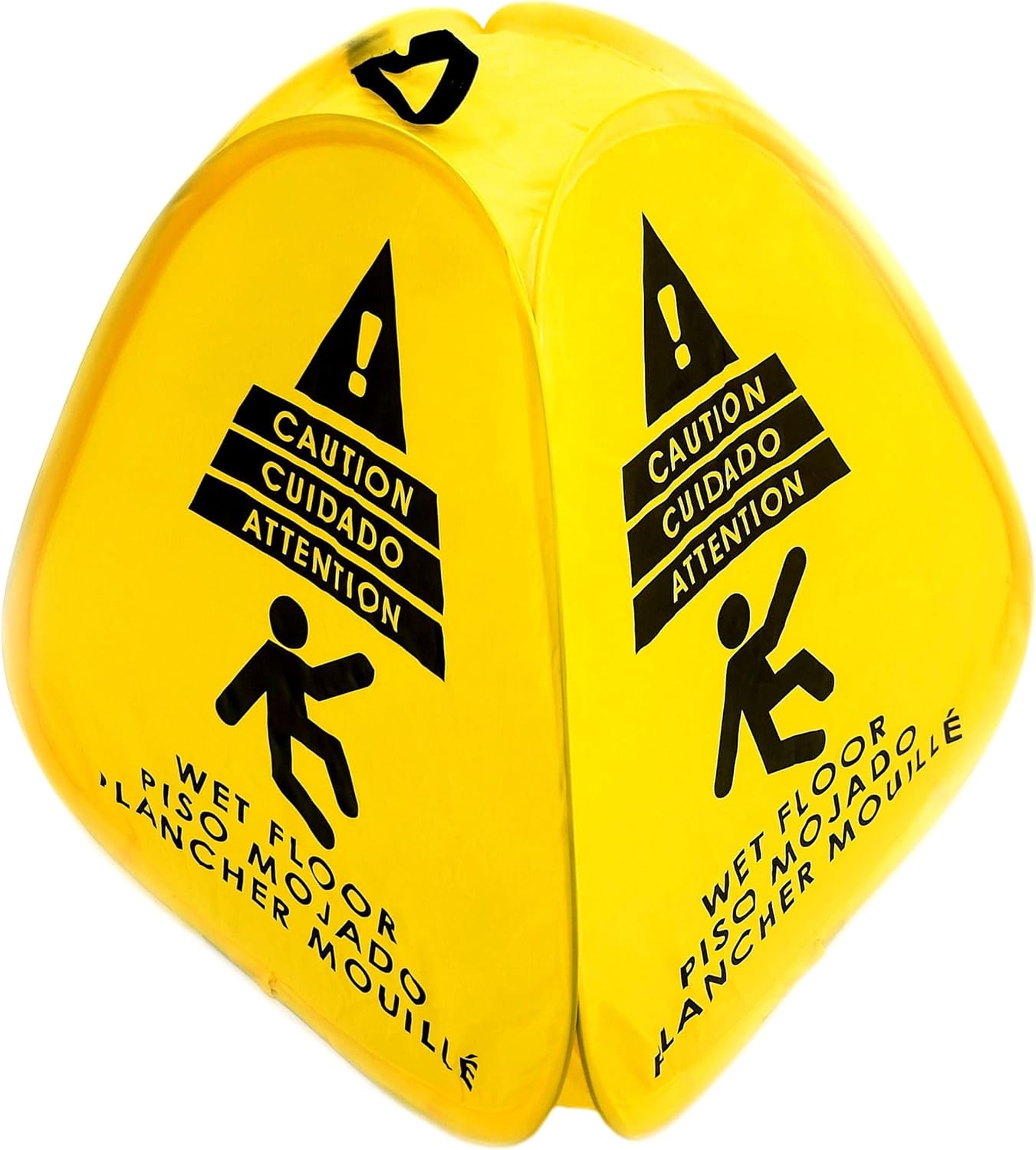 Kraken Sign Co - Pop-up Sign, Yellow 4-Sided Bilingual Trilingual English/Spanish/French Warning, Pop-up Caution Wet Floor Sign 16 inch for Restaurant, Commercial and Industrial Safety. Foldable, Portable, Durable