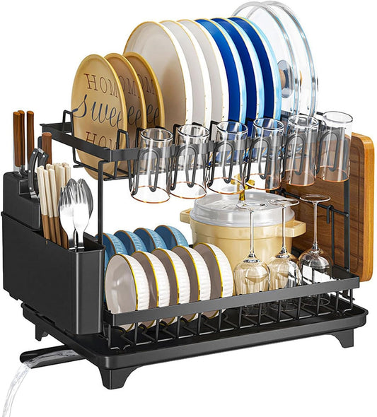 Dishes Drying Rack, 2-Tier Tableware Drying Rack with Draining Board, Space-Saving Design, Suitable for Kitchen Countertop Tableware and Cup Rack