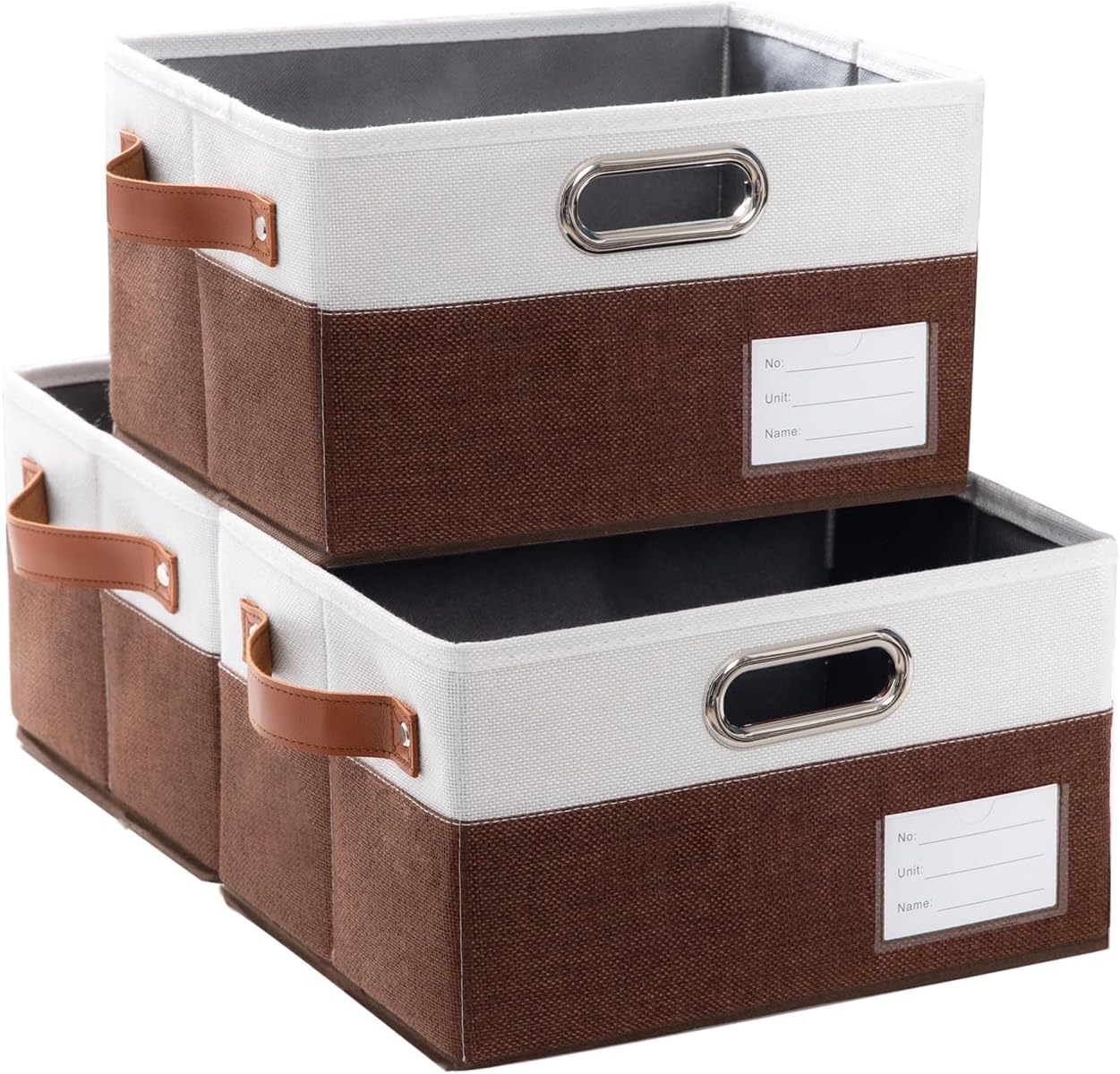 PRANDOM Foldable Storage Bins with Handles [3-Pack] Fabric Collapsible Storage Boxes Baskets Cubes Containers with Handles for Closet Living Room Bedroom (Brown & White 11.5x8.5x6.7'')