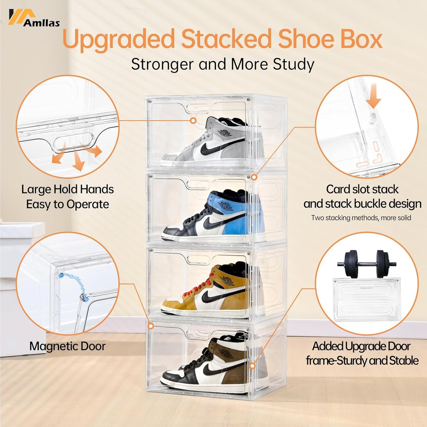 8 Pack Shoe Boxes Clear Plastic Stackable, Large Shoe Storage Organizer with Lids,Drop Side Shoe Containers for Entryway,Sneaker Storage Fit up to US Size 13 (13’’x 10.6”x 8.3”)