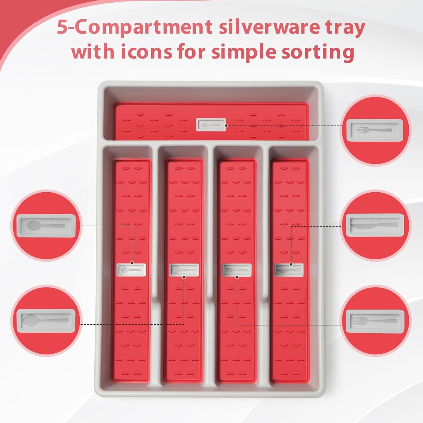 Silverware Organizer with Cutlery Icons，Silverware Tray for Kitchen Drawer，Flatware Tableware Cultery Drawer Organizer Utensil Organizer with Non-slip TPR Linings，Kitchen Organization Essentials