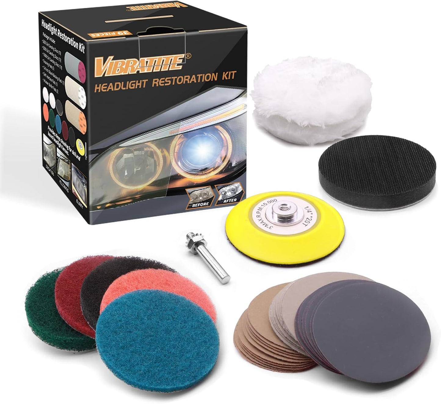 3 Inch Car Headlight Restoration Kit, Car Polishing Sanding Discs Assortment 2000 to 10000 Grit with 1/4 Inch Shank Backing Pad, Scouring Pads, Soft Interface Pad, Woolen Buffer Pads, 39PCS
