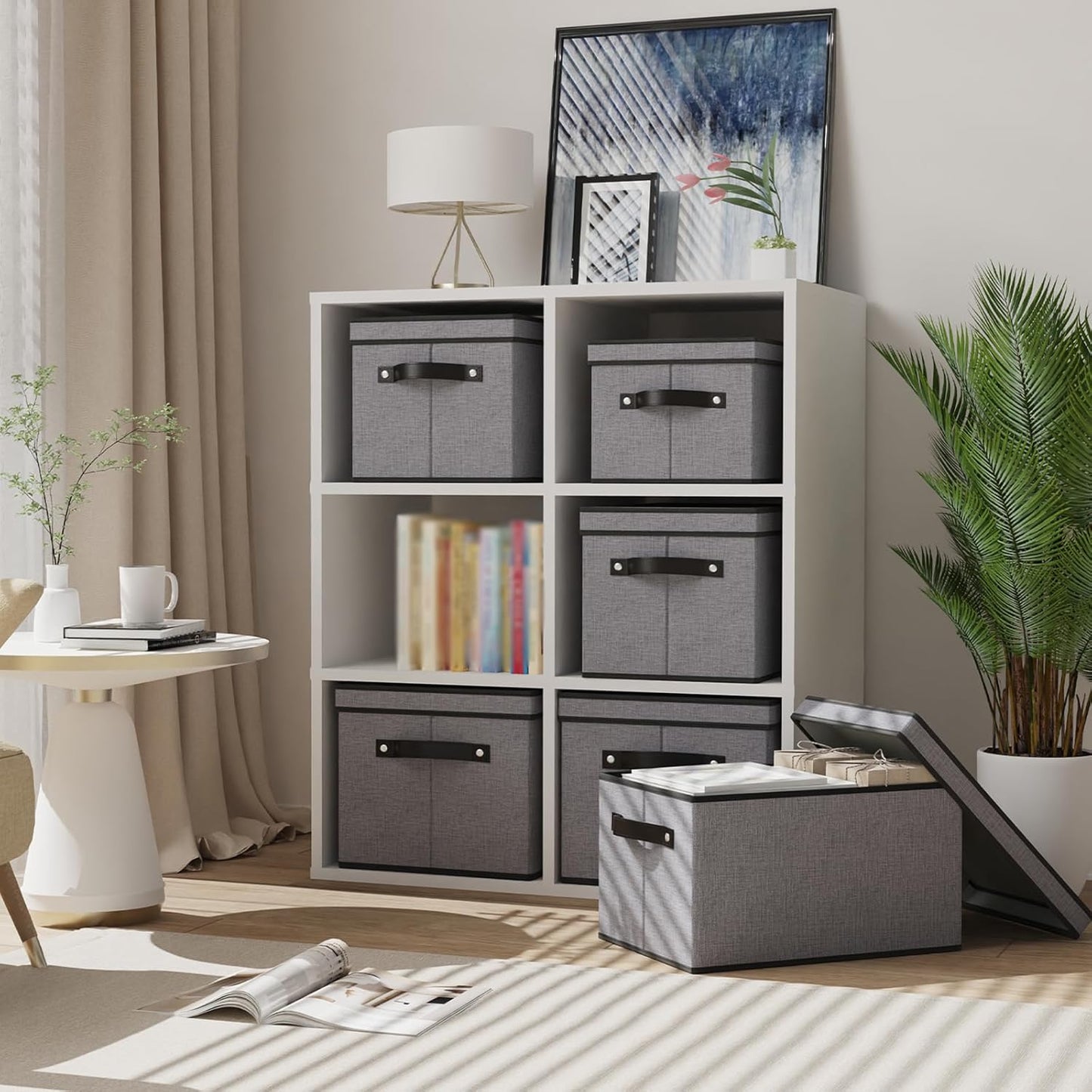 Storage Boxes, 15 x 9.8 x 8.3 Inch Baskets for Organizing with Lids, Fabric Bins with Handles, Decorative Linen Closet Organizers, Gray, 1 Pack