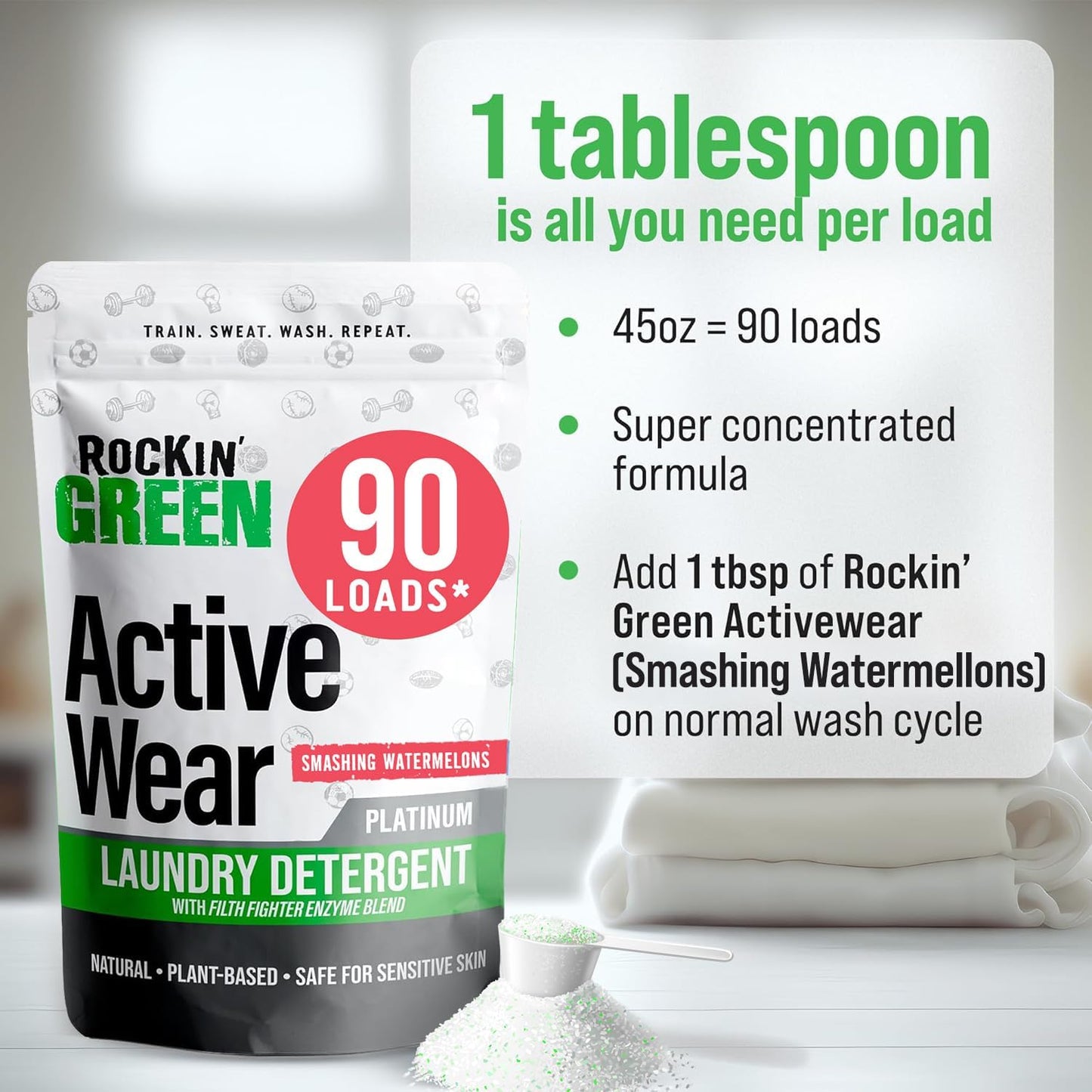Rockin' Green Laundry Detergent, Plant based, All Natural Laundry Detergent Powder, Vegan and Biodegradable Odor Fighter, Safe for Sensitive Skin (Active Wear 90 Loads - Smashing Watermelons)
