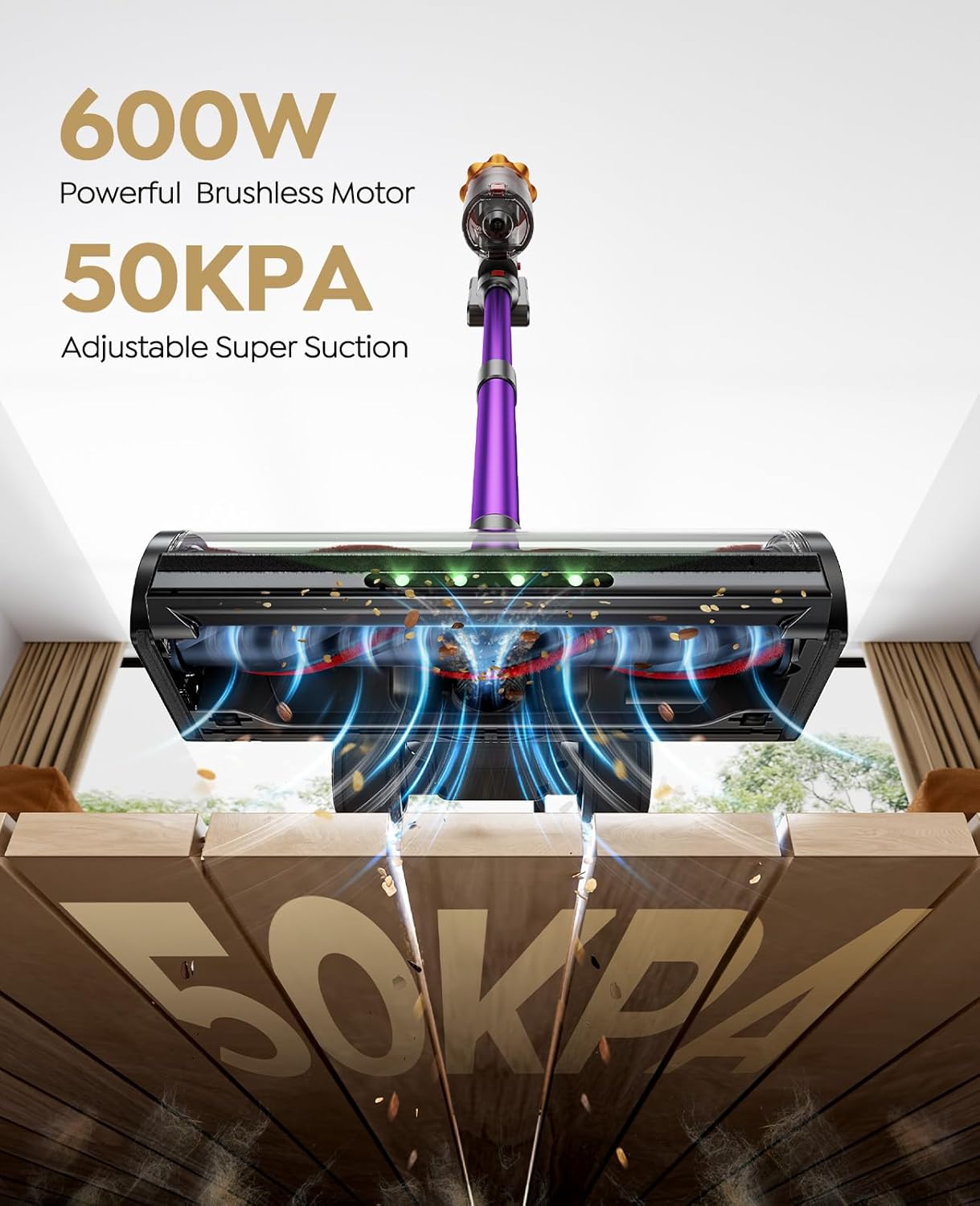 Cordless Vacuum Cleaner, 600W/50KPA/65Mins(ECO Mode) Vacuum Cleaners for Home, Self-Standing Stick Vacuum with Wall Mount Charging and Auto Mode, Handheld Vacuum for Pet Hair/Carpet/Floor