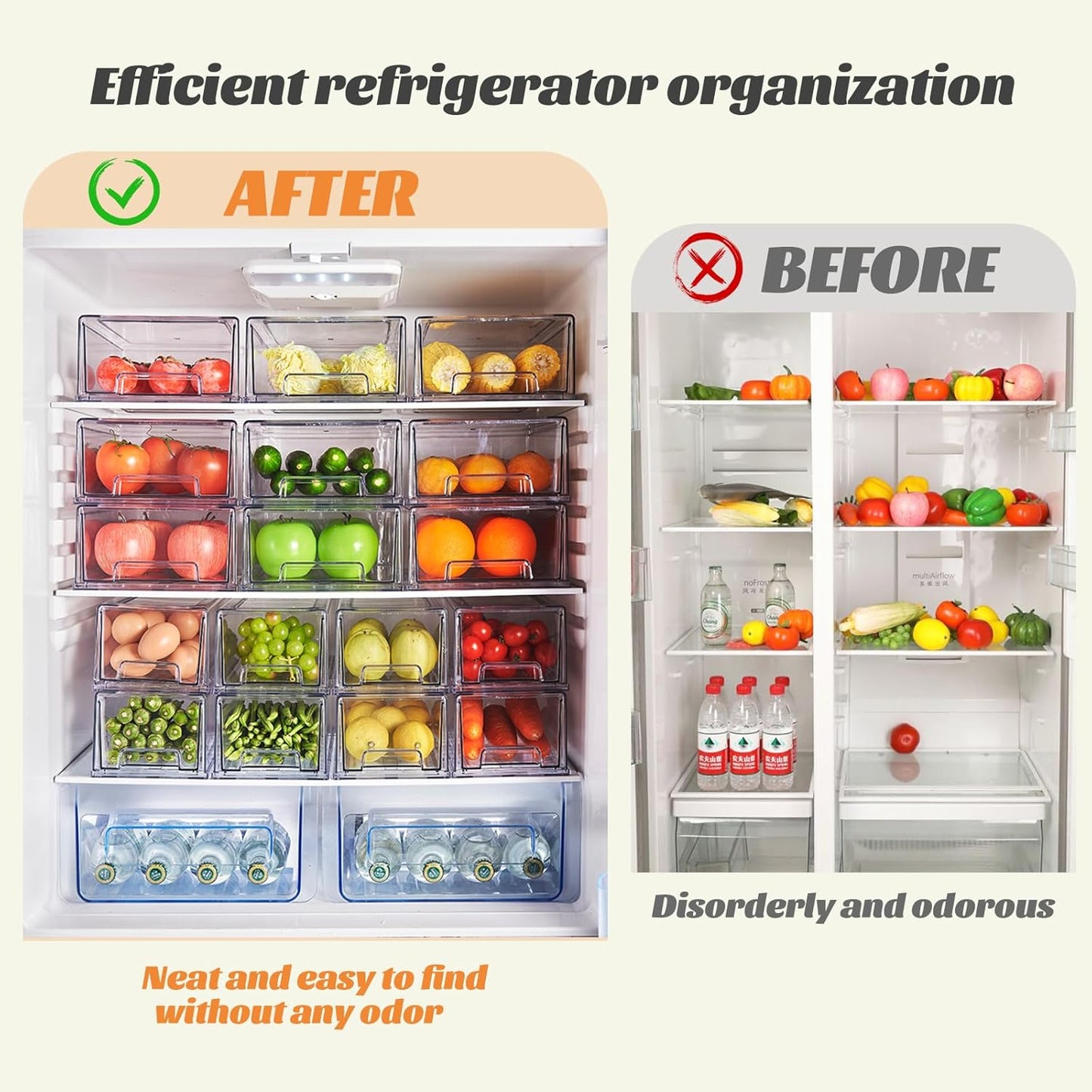 PeJeyiee Clear Stackable Refrigerator Organizers and Storage Drawers - Pull-Out Fridge Bins with Anti-Slip Base & Easy Clean, Plastic Organizers for Kitchen Pantry Cabinet Closet ﻿ (2XL)