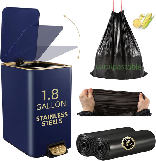 Small Bathroom Trash Can with Lid Soft Close, 1.8 Gallon Stainless Steel Garbage Can with Removable Inner Bucket,80Count Trash Bags, Slim Step Pedal Trash Bins