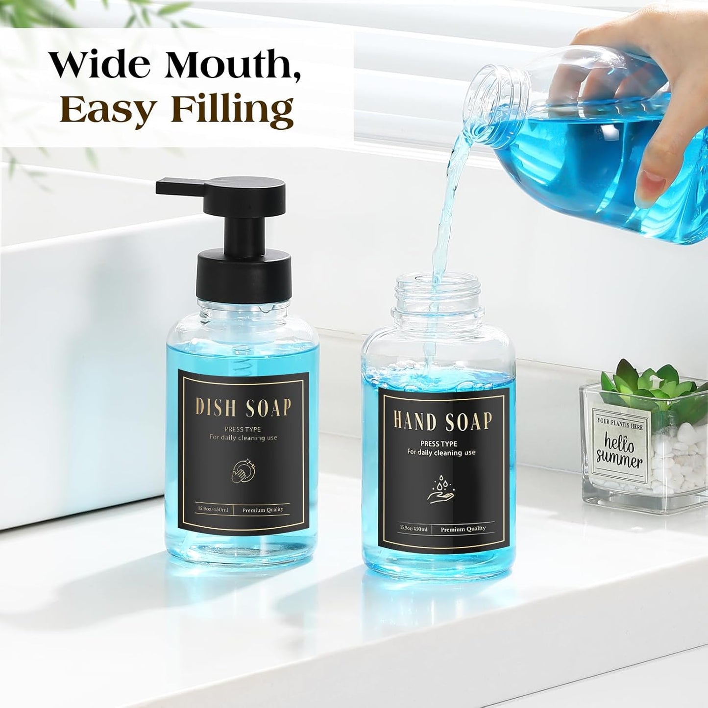 Luxspire Foaming Soap Dispenser, Glass Foam Pump Soap Dispenser, Non-Slip Hand Soap Dispenser with 5 Waterproof Labels, 15 Oz Refillable Liquid Soap Dispenser for Bathroom & Kitchen, Clear, 2 Pack