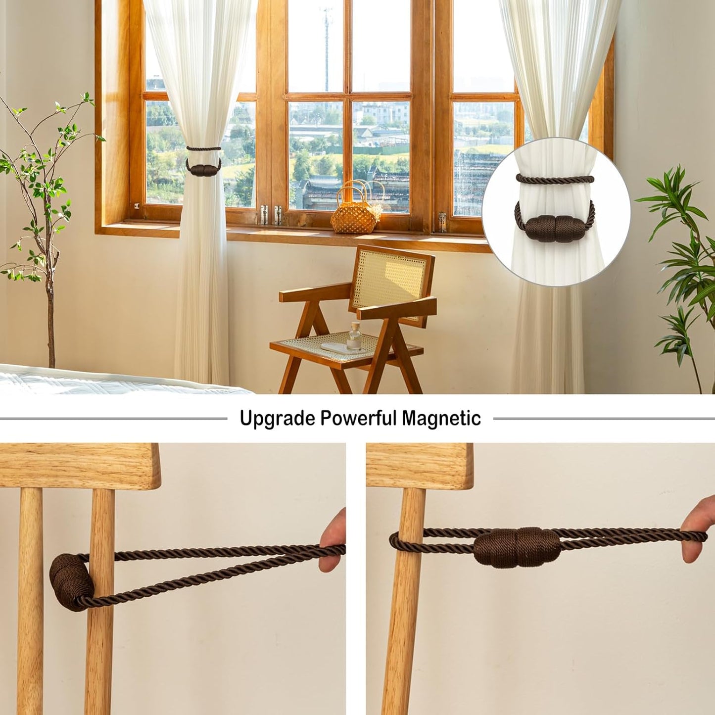Magnetic Curtain Tiebacks Rope Tie Backs 4 Pack Decorative Window Holdbacks, Coffee