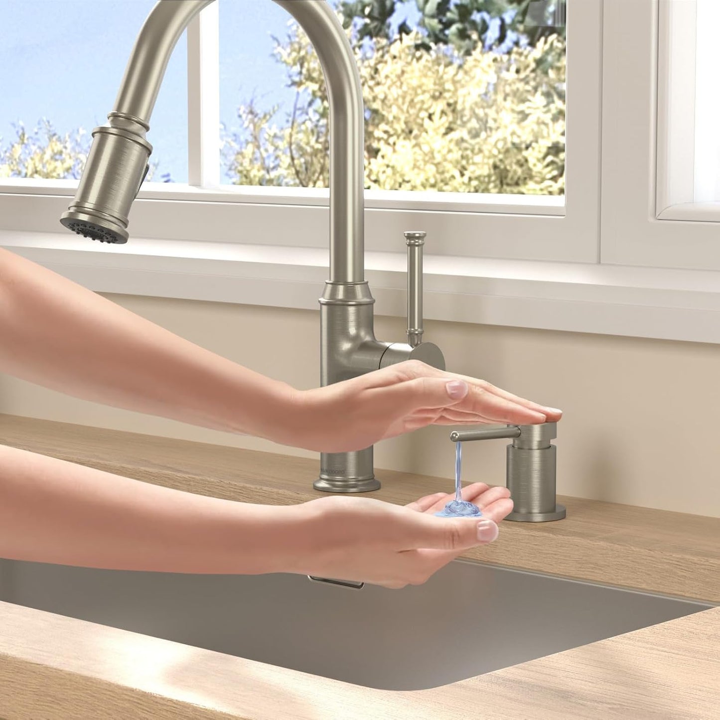 Lava Odoro Soap Dispenser for Kitchen Sink, Modern Brass Built in Countertop Pump Dispenser with 18 Oz Refillable Bottle, Kitchen Soap and Lotion Dispenser Spot-Free, Brushed Nickel, KSD-21