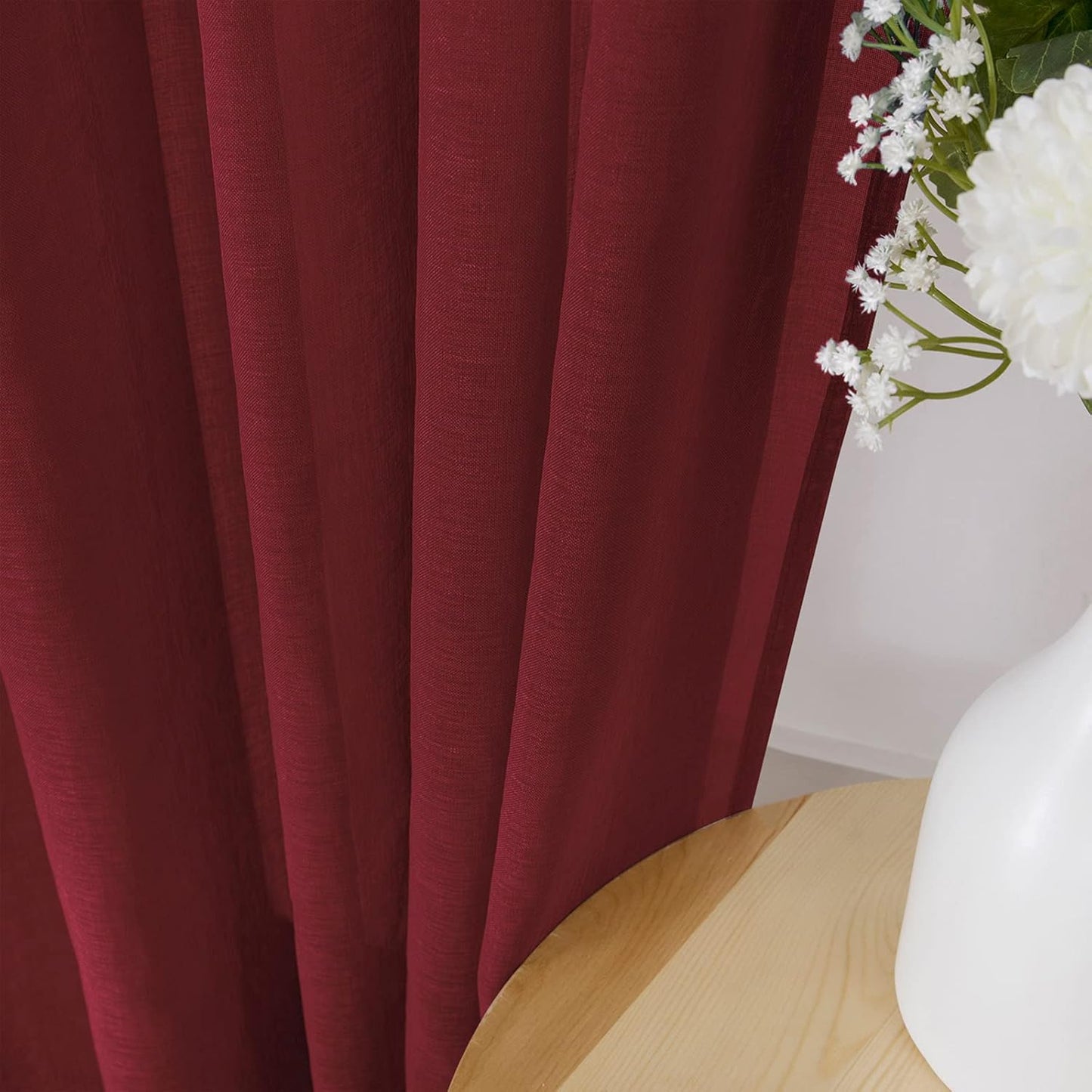 Tollpiz Short Sheer Tier Curtains Linen Textured Half Kitchen Curtain Sheers Light Filtering Rod Pocket Voile Small Curtain for Bathroom, 25 x 24 inches Long, Burgundy Red, Set of 2 Panels