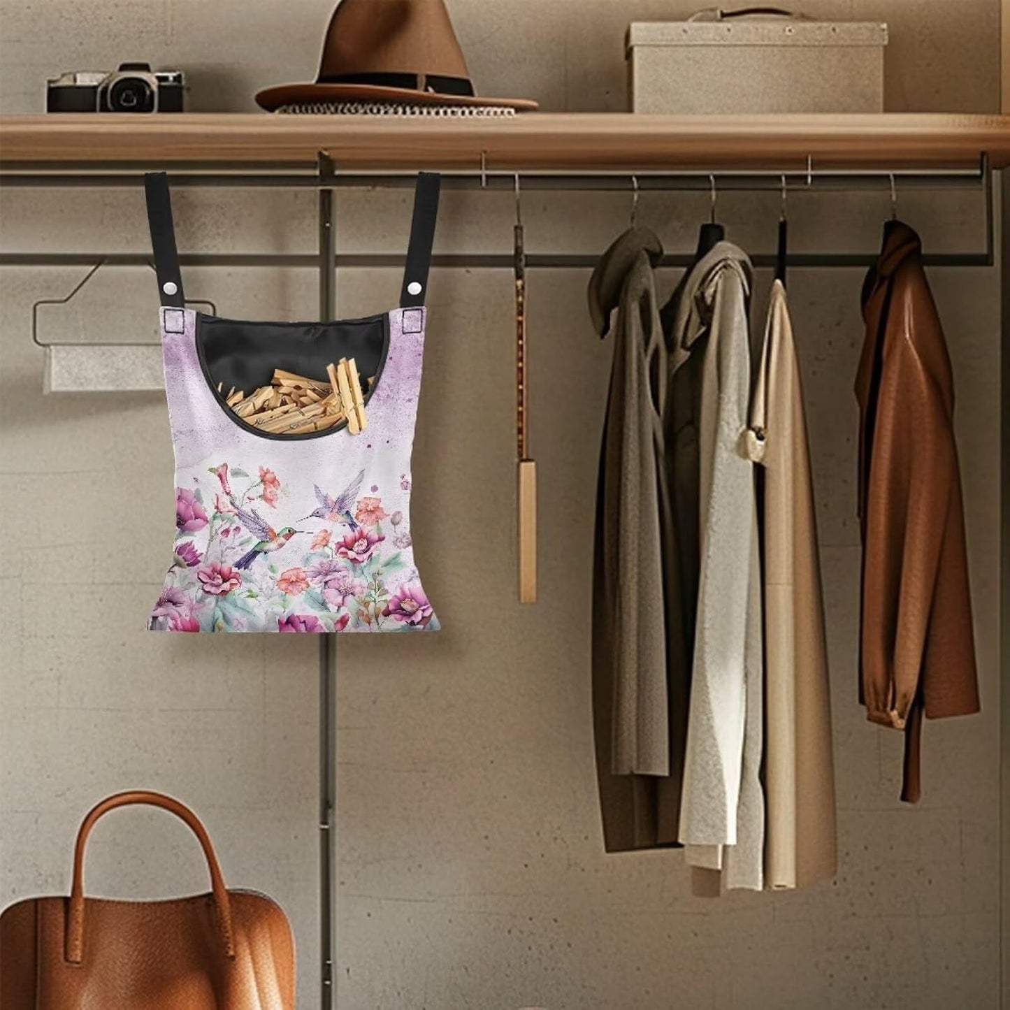 Hummingbird Adjustable Door-Hanging Laundry Clothespin Bag Clothespin Storage Bag Laundry Clothespin Bag, Hanging Storage Organizer with Hanging Rope for Outdoor and Indoor