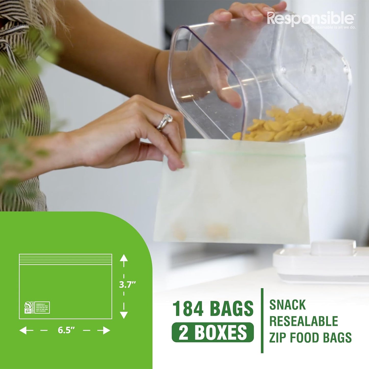 Responsible Products Certified Compostable SNACK Resealable Zip Bag, Extra Strength Food Bags, Plant-Based Freezer-Safe (184 Pack)