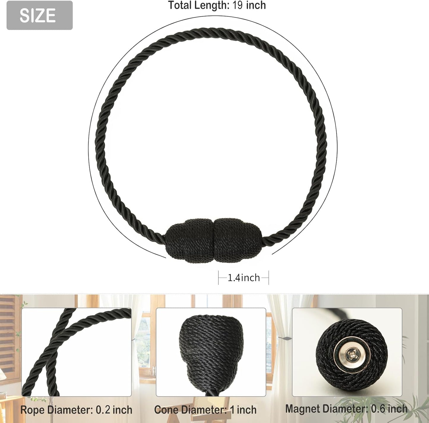 Magnetic Curtain Tiebacks - 2 Pack Rope Curtain Tiebacks for Drapes and Decorative Window Holdbacks, Black