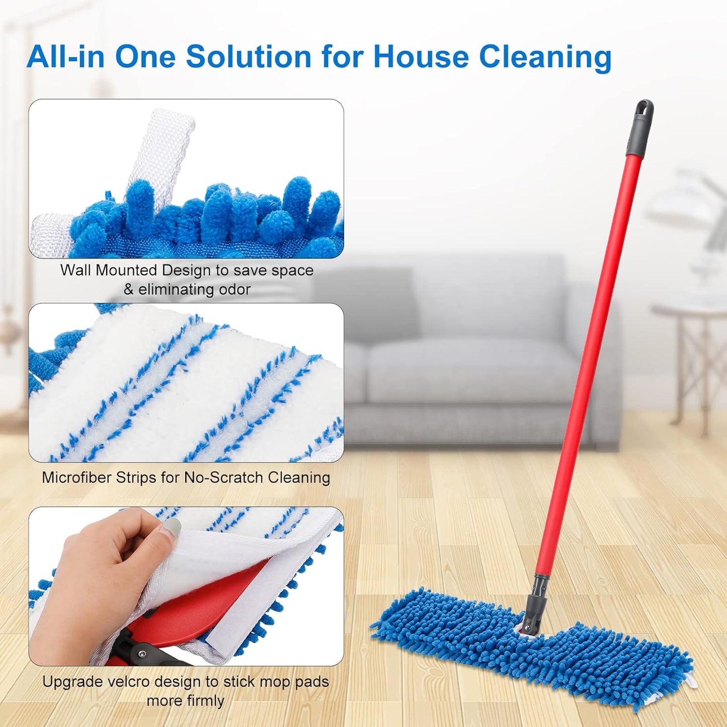4 Pack Chenille Mop Heads Replacements Compatible with Oceda Dual-Action Microfiber Flip Mop System, Mop Replace Heads for Dry Wet Use, Washable Double Sided Flat Sponge(18 * 6 in)