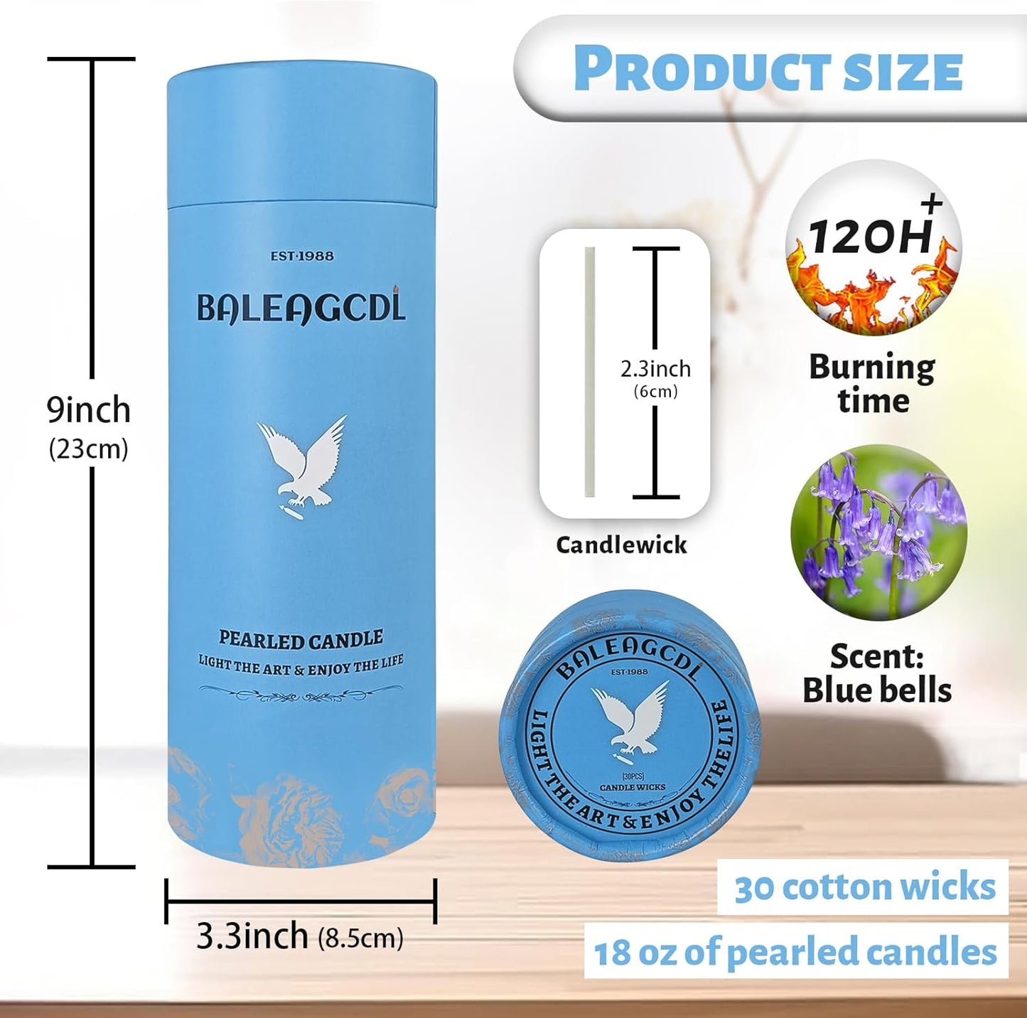 Bluebell Scented Light Blue Pearled Candle 18oz Luxury Sand Candle Granulated Wax - 30 Cotton Wicks - Wax for Candle Making Decorative Candles Smooth and Clean Burning Lasts up to 120 Hours
