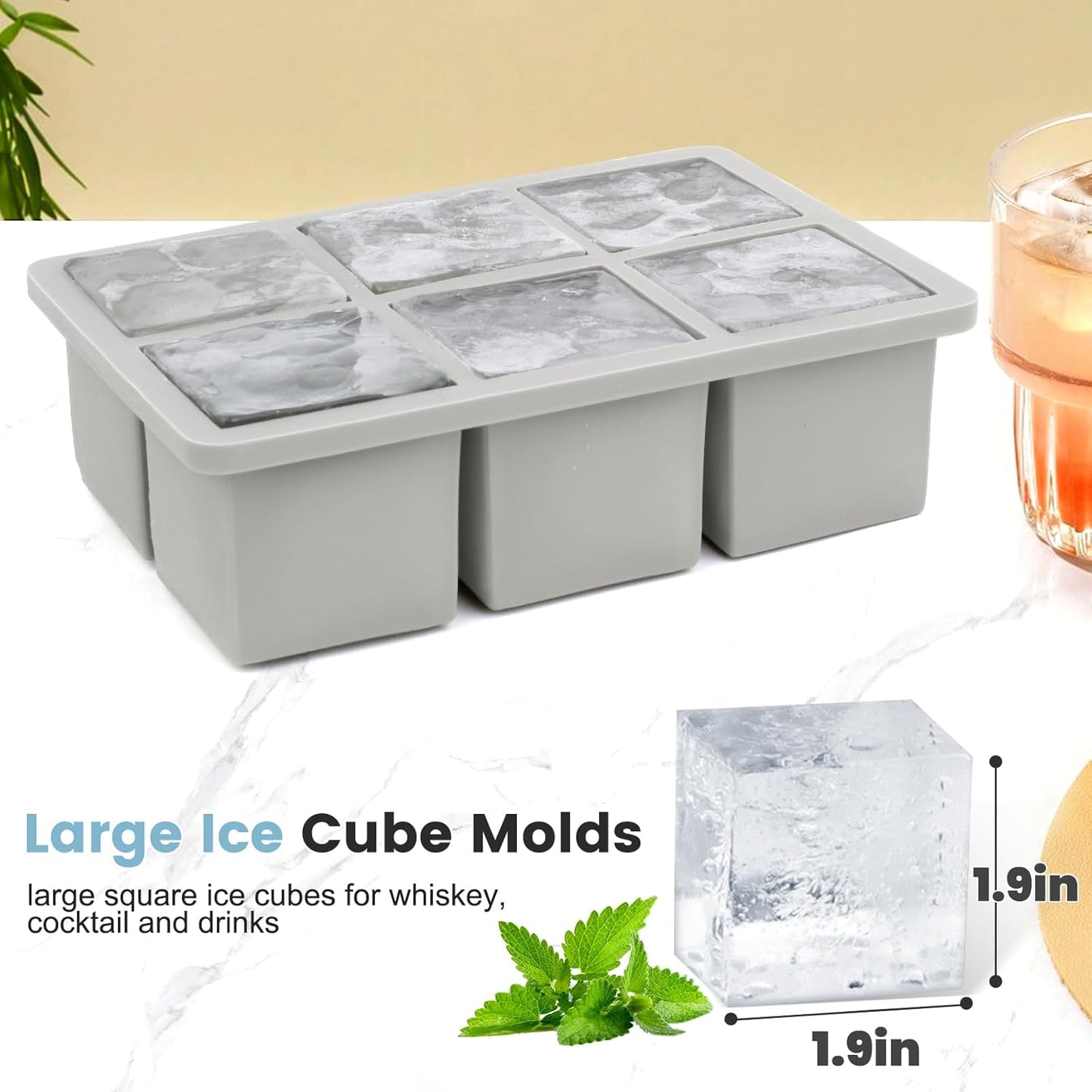 Large Silicone Ice Cube Tray 2Pack, SAWNZC Big Square Ice Cube Molds for Whisky Cocktail, Ice Maker Tray with Lid for Freezer, Easy Release (2, Grey)