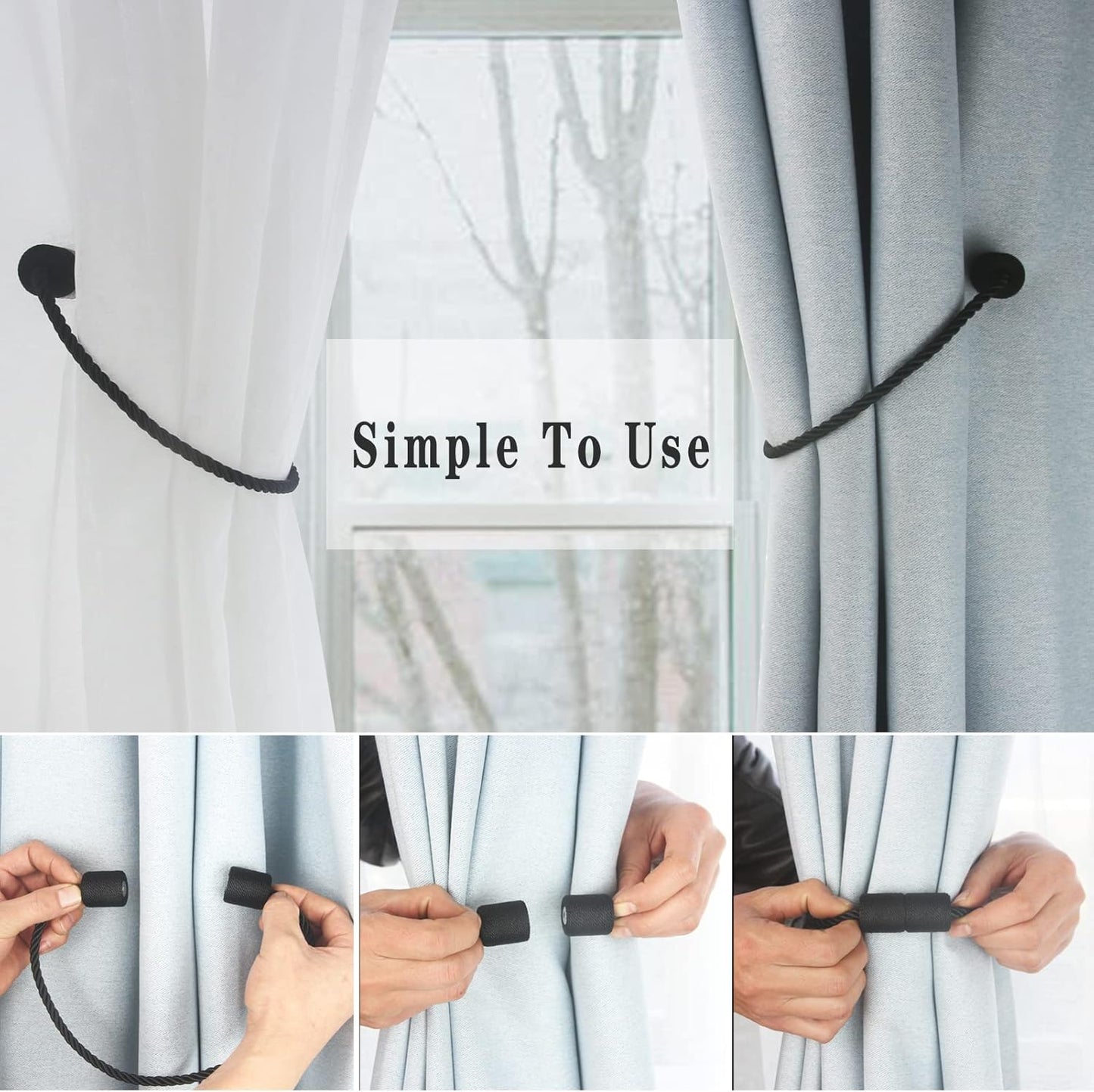 Magnetic Curtain Tiebacks 4 Pack Black Curtain Rope Tieback Curtain Holders for Drapes Modern Tie Backs Decorative Curtain Holdbacks