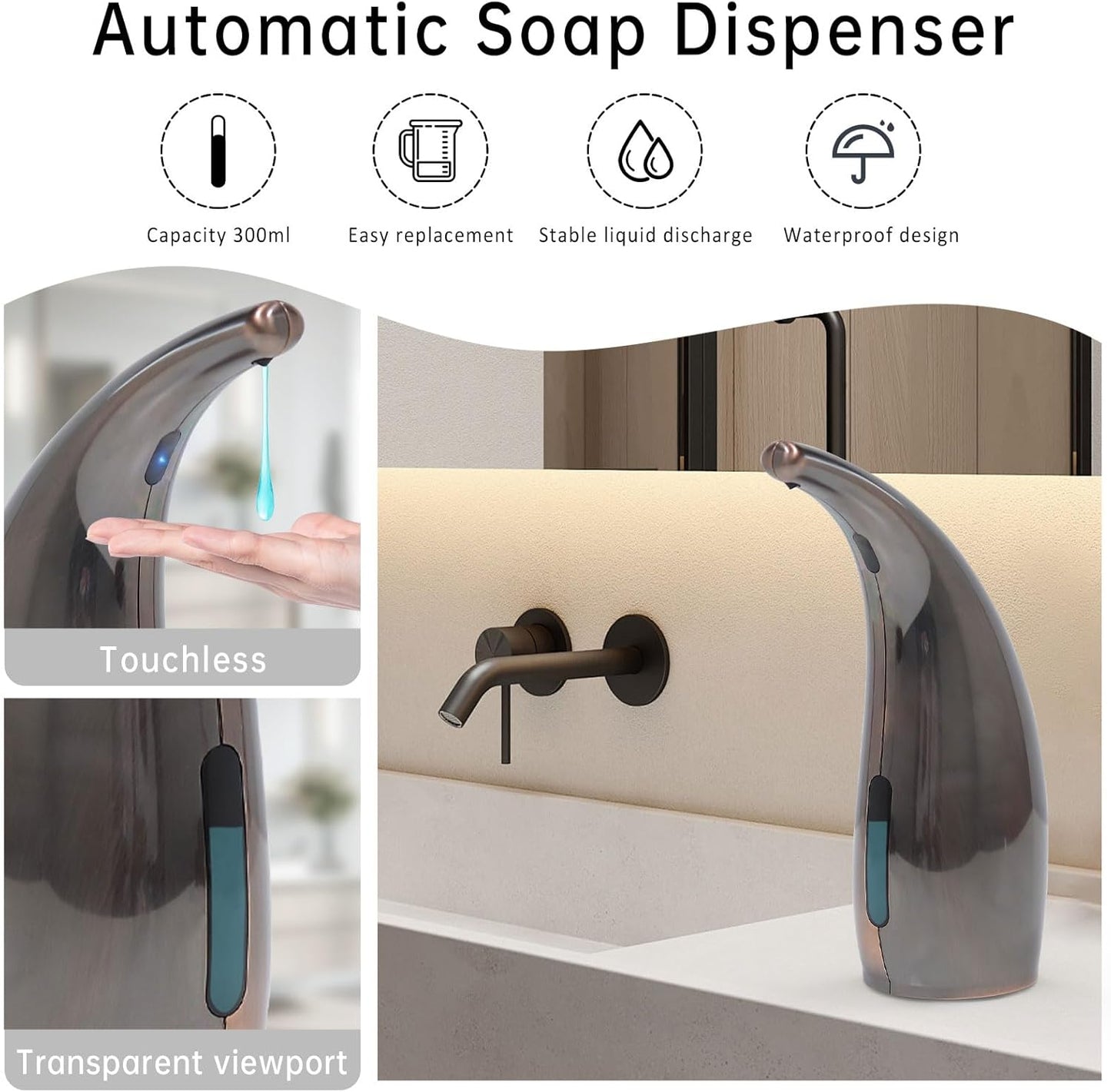 Automatic Liquid Soap Dispenser,300ML Touchless 4 Gear Adjustable, Countertop Electric Battery Operated Hand Soap Dispenser with Sensor for Bathroom,Kitchen,Office（Red Copper）