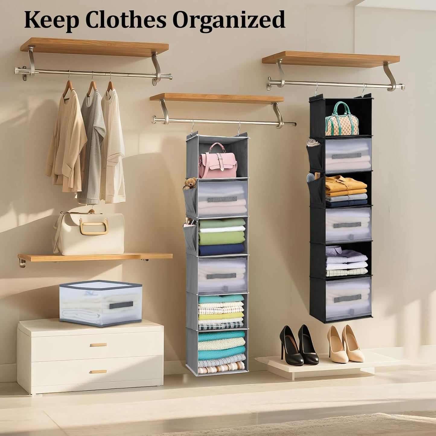 6-Tier Hanging Closet Organizer with 3 Drawers and Side Pockets – Multi-Functional Storage for Shoes, Belts, Purses, and Clothing