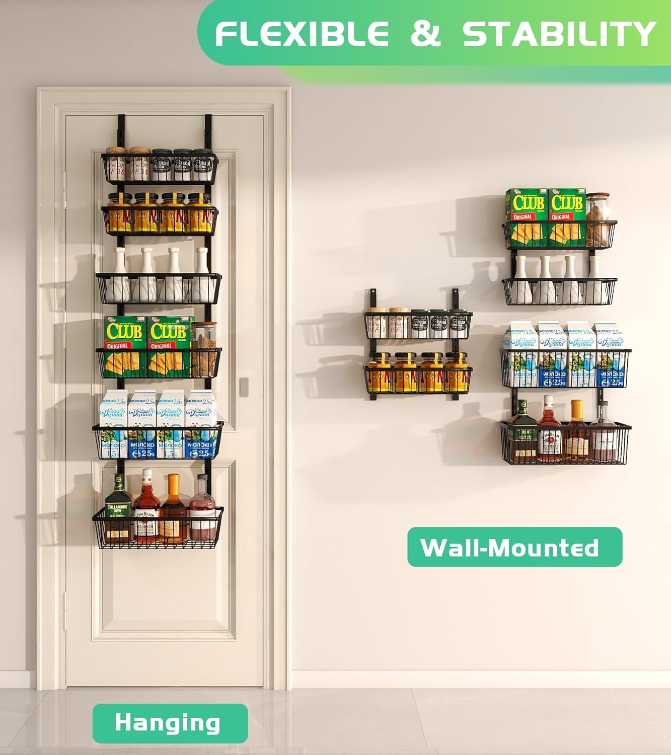 12 Inch Wide Narrow Over The Door Pantry Organizer, Pantry Organization and Storage, Black Metal Hanging Deep Basket Wall Spice Rack Seasoning Shelves, Home & Kitchen Essentials, Apartment