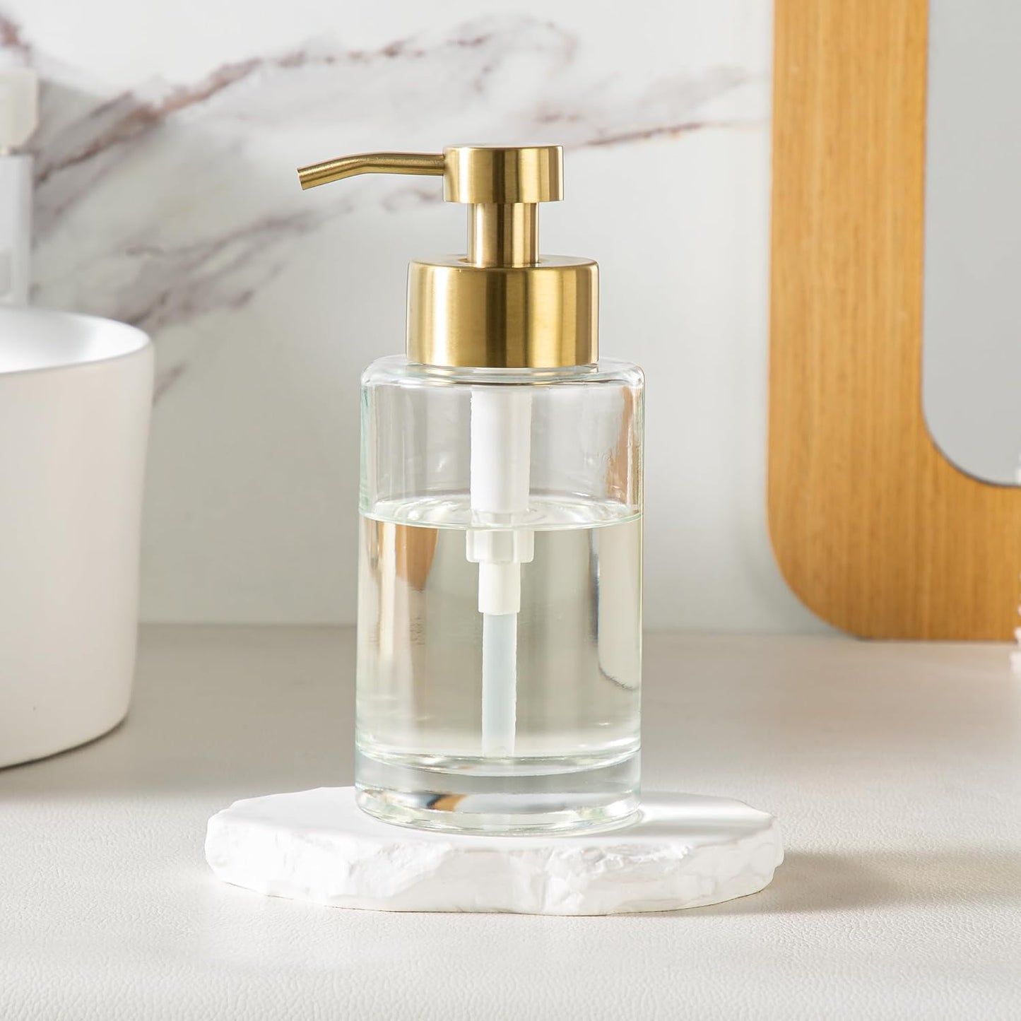 Enra Thick Glass Soap Dispenser with Stainless Steel Gold Pump,12oz Bathroom Hand Liquid Soap Dispensers,Lotion Dispenser,Soap Dispenser for Bathroom,Kitchen(Clear/Gold Liquid Type)