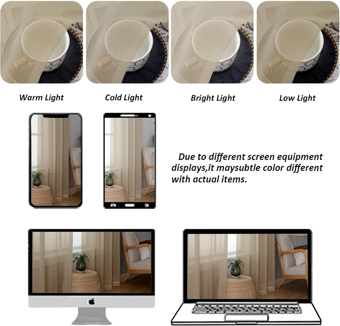 Chyhomenyc Taupe Sheer Curtains 24 Inch Length, Short Window Curtains for Bathroom Living Room Basement, Light Filtering Small Cafe Curtains, 42W x 24L Inches, 2 Panels