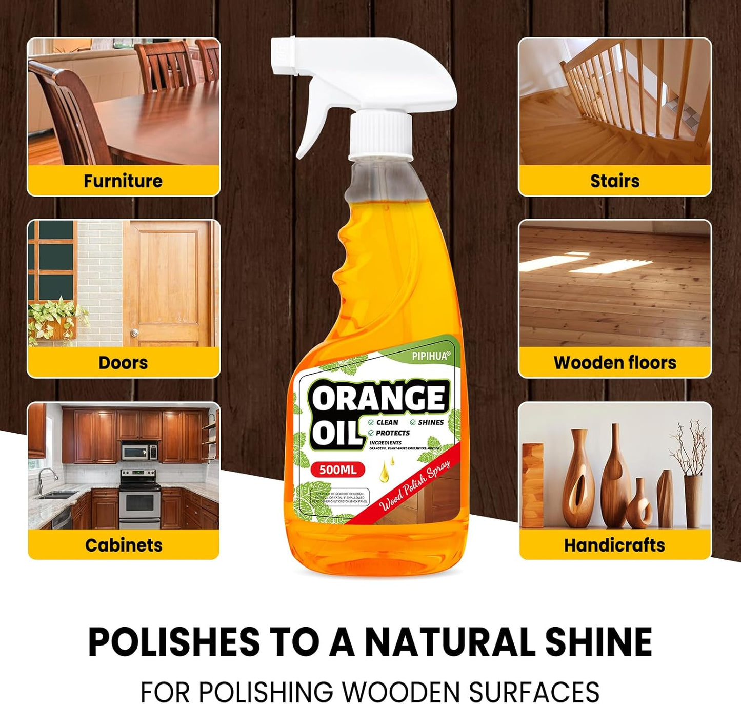 PIPIHUA Wood Oil Polish Spray, Shines & Protects, Wood Furniture Cleaner and Polish for Cabinets Tables Floors Mint Scent 16.9 oz