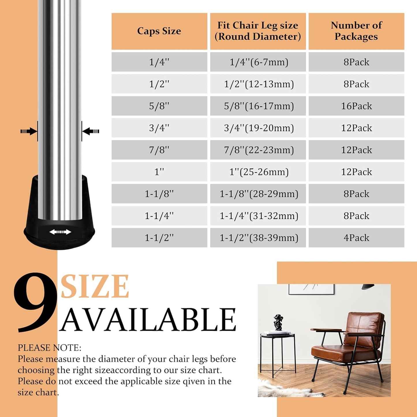 7/8" Round Rubber Chair Leg Tips Caps, Chair Leg Floor Protectors Furniture Legs Caps Non Slip Reduce Noise for Hardwood Floors (Black, 12 Pack)