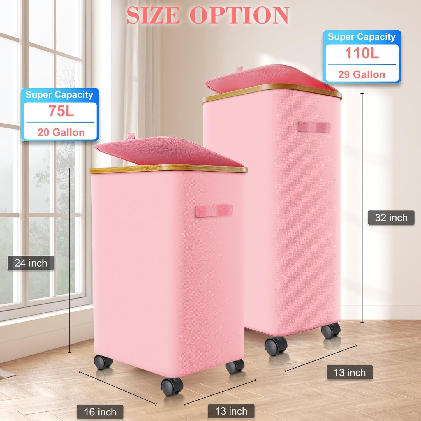 Laundry Hamper with Wheels,20 Gal (75L) Laundry Basket with lid Rolling Clothes Hamper Foldable Dirty Clothes Basket on wheels with Bamboo Frame and Bag for Bedroom, Dorm, Laundry Room-Pink