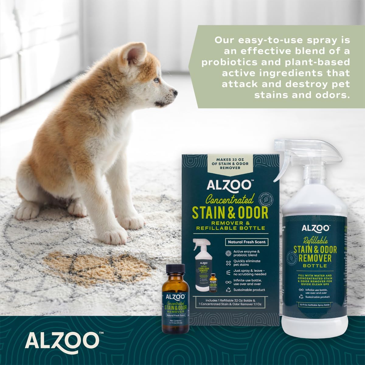 ALZOO Concentrated Stain & Odor Remover Bundle Bottle Set, Includes 32 Fl. Oz Refillable Bottle & 1.1 Oz. Concentrated Stain & Odor Remover, 100% Plant-Based Active Ingredients