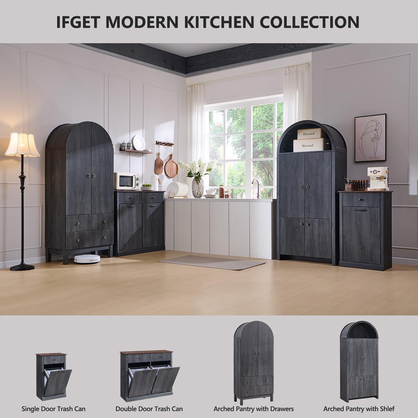 Modern Double Tilt-Out Trash Cabinet, 20 Gallon Fluted Laundry Hamper Cabinet with 2 Drawers, Wooden Hidden Garbage Can Cabinet with Storage Basket, Free Standing for Kitchen & Living Room, Grey