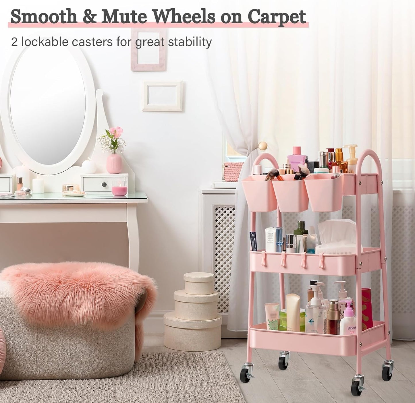 Danpinera 3-Tier Rolling Cart, Metal Storage Cart with Lockable Wheels, Hanging Cups & Hooks, Mobile Trolley for Kitchen, Bathroom, Office, Workshop, Pink