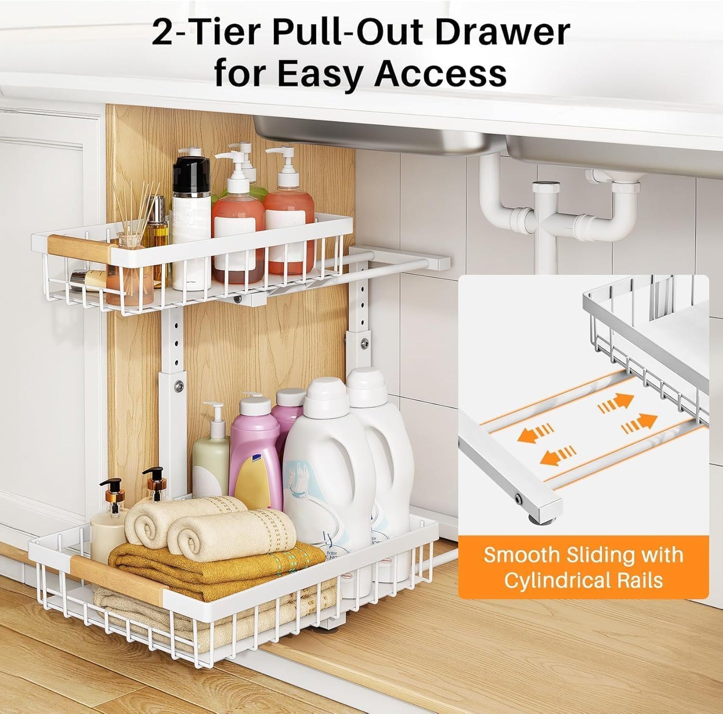 PXRACK 2 Pack Under Sink Organizer,Adjustable Height,2 Tier Pull Out Under Cabinet Organizer,Slide Out Thickened Metal Under Sink Storage for Kitchen Bathroom Laundry Cabinet Pantry,White