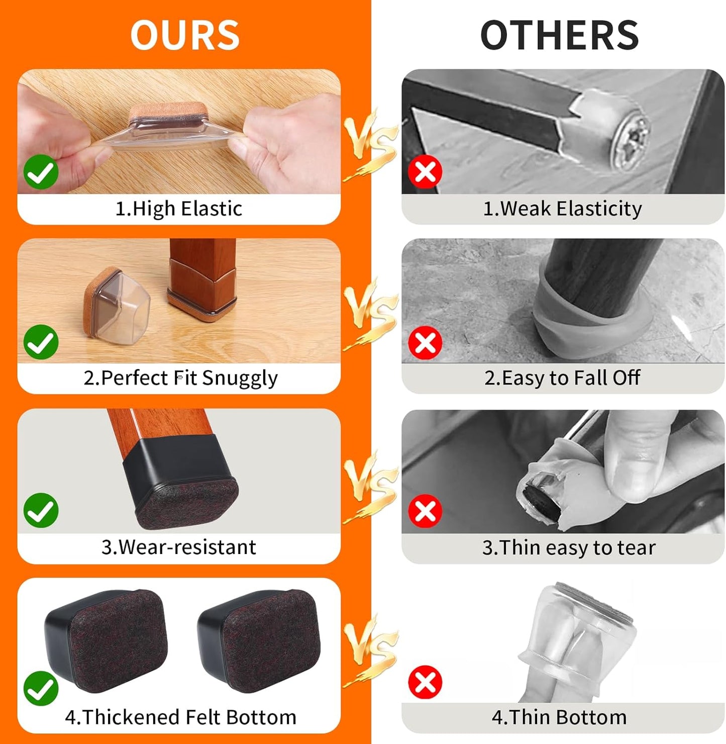 Ezprotekt 8 Pcs Rectangle Clear Silicone Chair Leg Floor Protectors, Rectangle Felt Furniture Pads Caps, Chair Leg Covers Cups for Chair Table Desk Sofa (Fit L :1.3-1.7", W: 0.9-1.2")