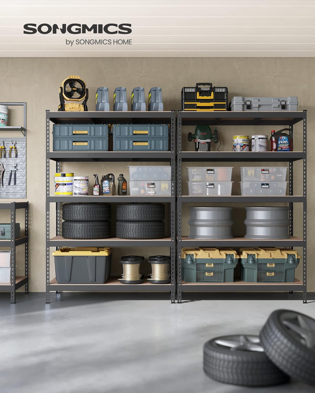 SONGMICS 5-Tier Storage Shelves, Load 2310 lb, Set of 2 Garage Storage, Boltless Assembly, Adjustable Shelving Unit, 23.6 x 47.2 x 70.9 Inches, for Study Shed Basement, Gray UGLR600G02