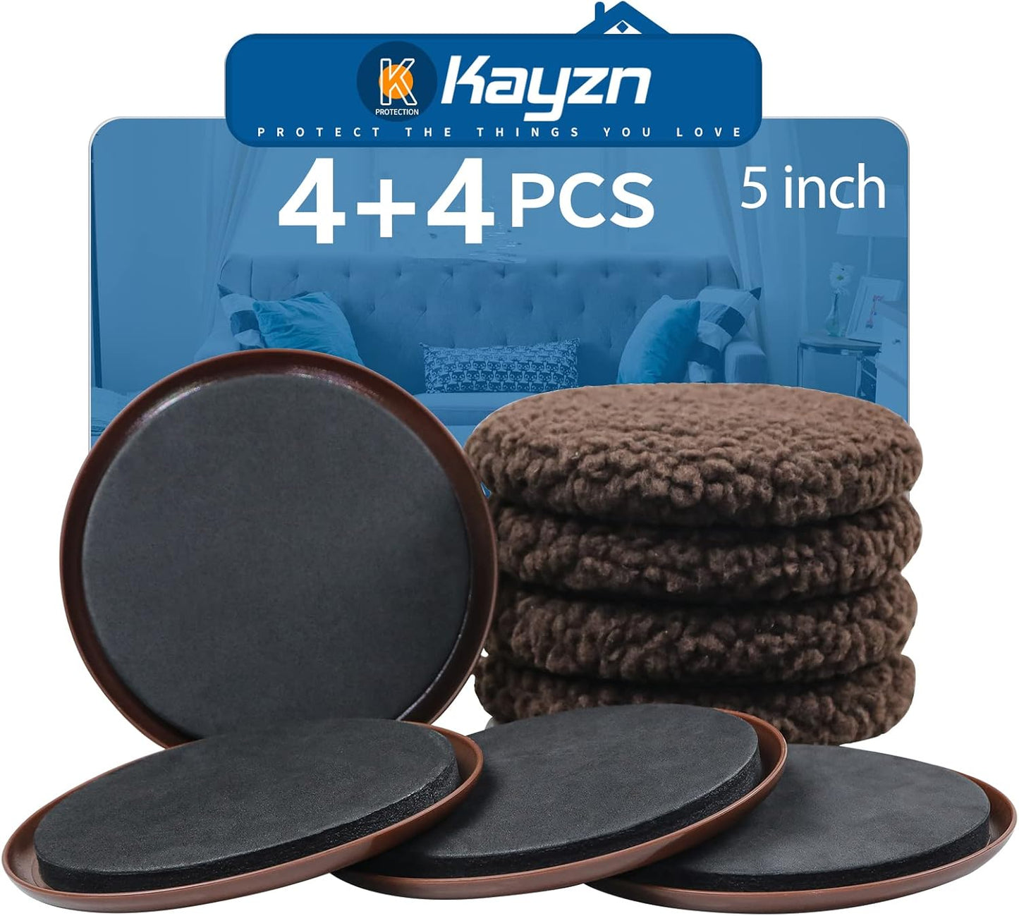 5" Furniture Sliders, 2-in-1 Furniture Movers Sliders with Hardwood Socks, 4+4 Pack - 4 Furniture Sliders for Carpet and 4 Hardwood Socks, Move Your Furniture Easily!