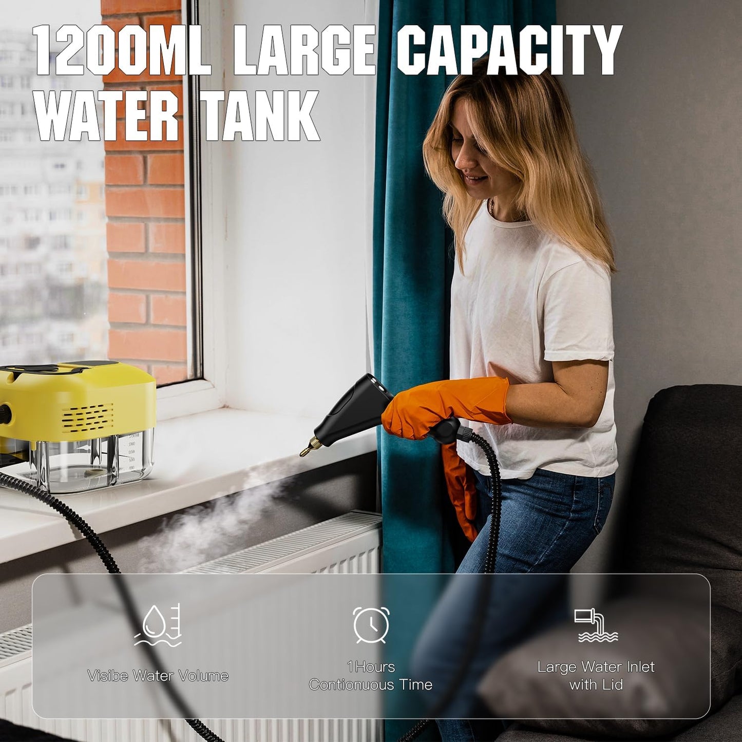 Steam Cleaner for Home＆Kitchen, 212°F High Temperature, 1200ML Tank, Portable Handheld Steam Cleaner for Car Carpet Detailing Window Floor Couch Grease Tile, Pressurized Steamer for Cleaning