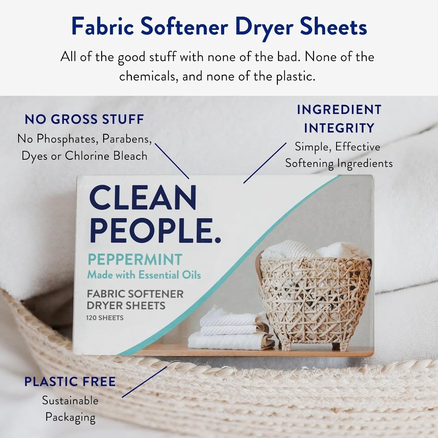 The Clean People Fabric Softener Sheets - Dryer Sheets - Softens & Removes Static - Vegan Laundry Softener With Essential Oils - Peppermint 240 Pack