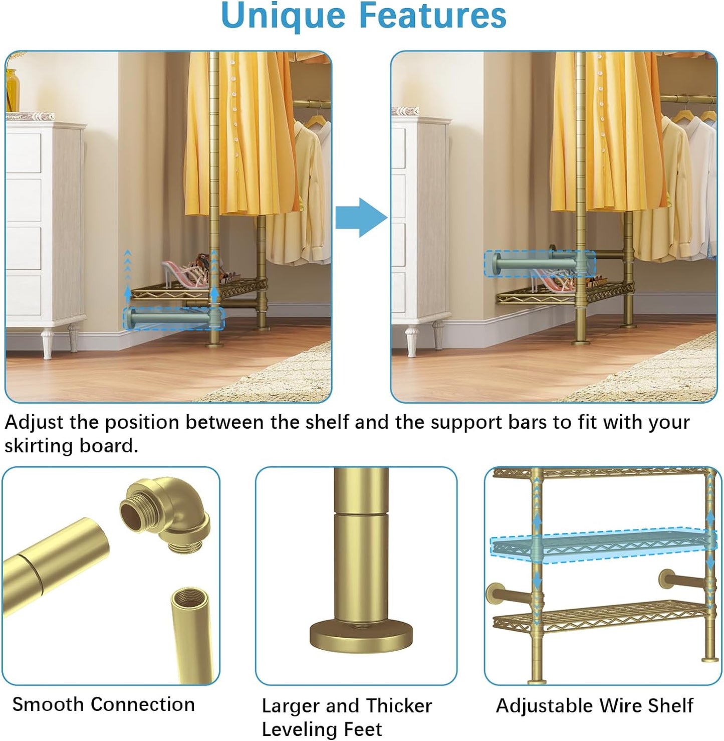 Timate F3 Garment Rack Heavy Duty Clothes Rack for Hanging Clothes, Expandable Industrial Pipe Wall Mounted Clothing Rack, Adjustable Storage Closet Wardrobe Closet Kit Walk in Closet Systems, Gold