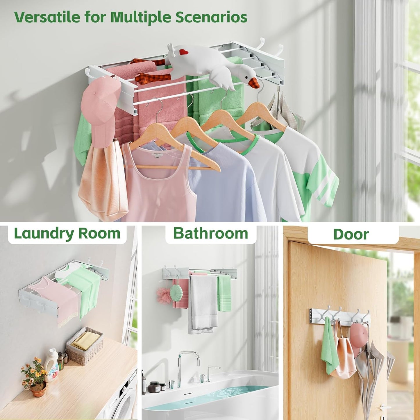 Wall Mounted Clothes Drying Rack for Laundry 23.6", Folding Clothes Drying Rack with 4 Towel Hooks and 4 Rods for Hanging Coat Dedicates, Space Saving for Bedroom Bathroom Balcony Living Room (23.6'')