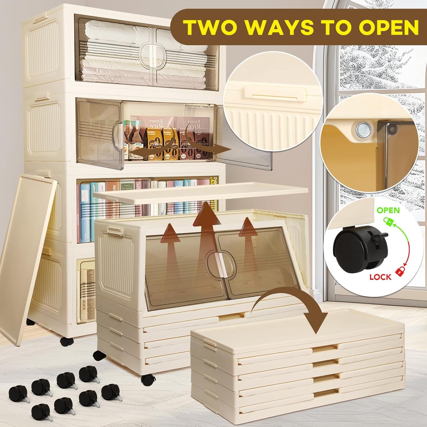 150GAL/600QT Large Storage Bins with 2 Lids, Stackable Collapsible Storage Bins with 8 Wheels & 2 Lids, Closet Organizers and Storage, 4 Packs Folding Plastic Clothes Storage Cabinet for Home Office