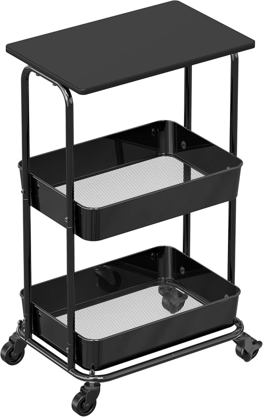 Simple Houseware 2-Tier Rolling Utility Cart with Lockable Wheels and Wood Top, Metal Storage Organizer Trolley for Kitchen, Bathroom, Office, Craft Room, Black