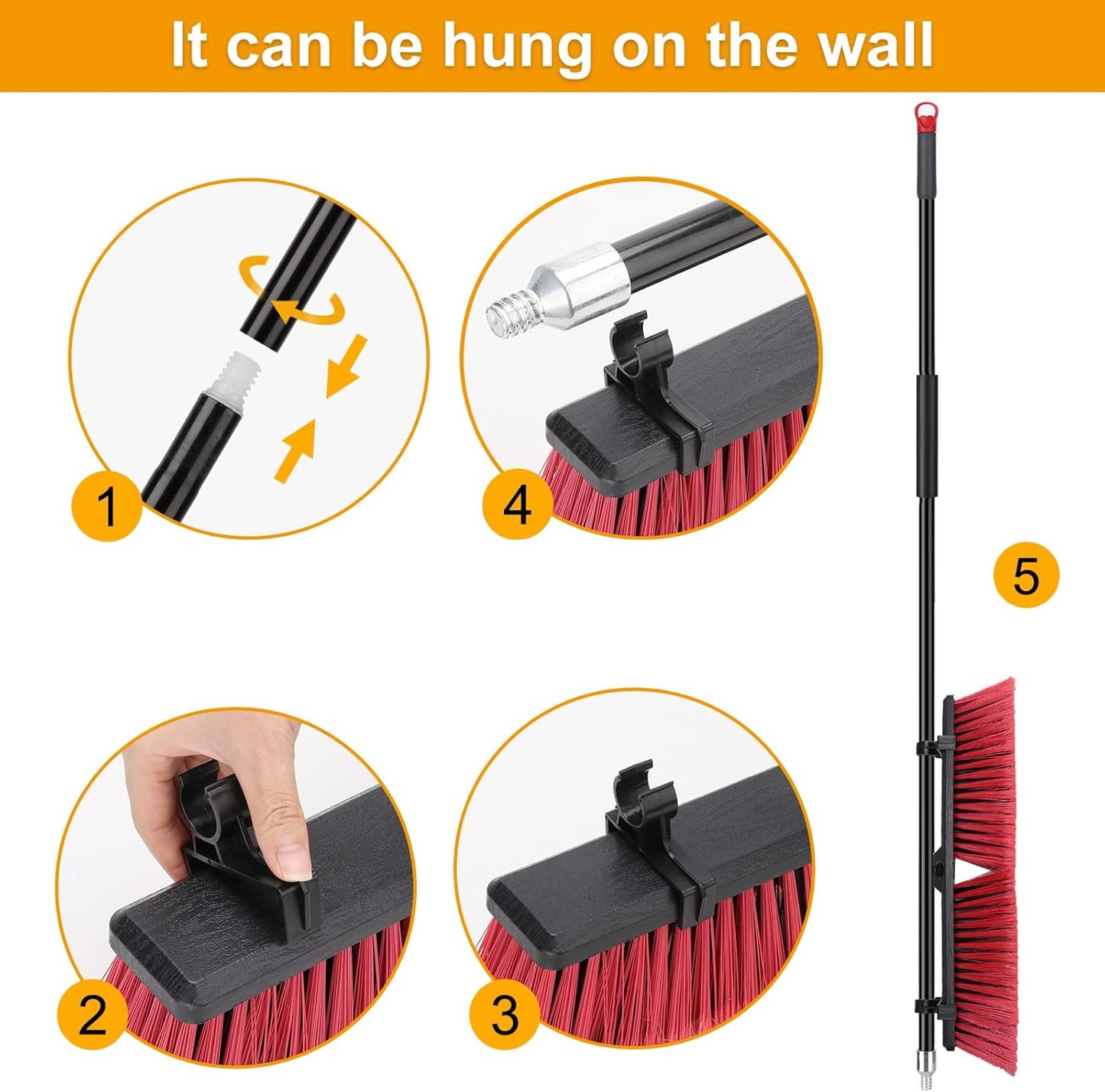 18 inches Push Broom Outdoor Garden Broom with 63" Long Handle for Deck Driveway Garage Yard Patio Concrete Floor Cleaning(Red)