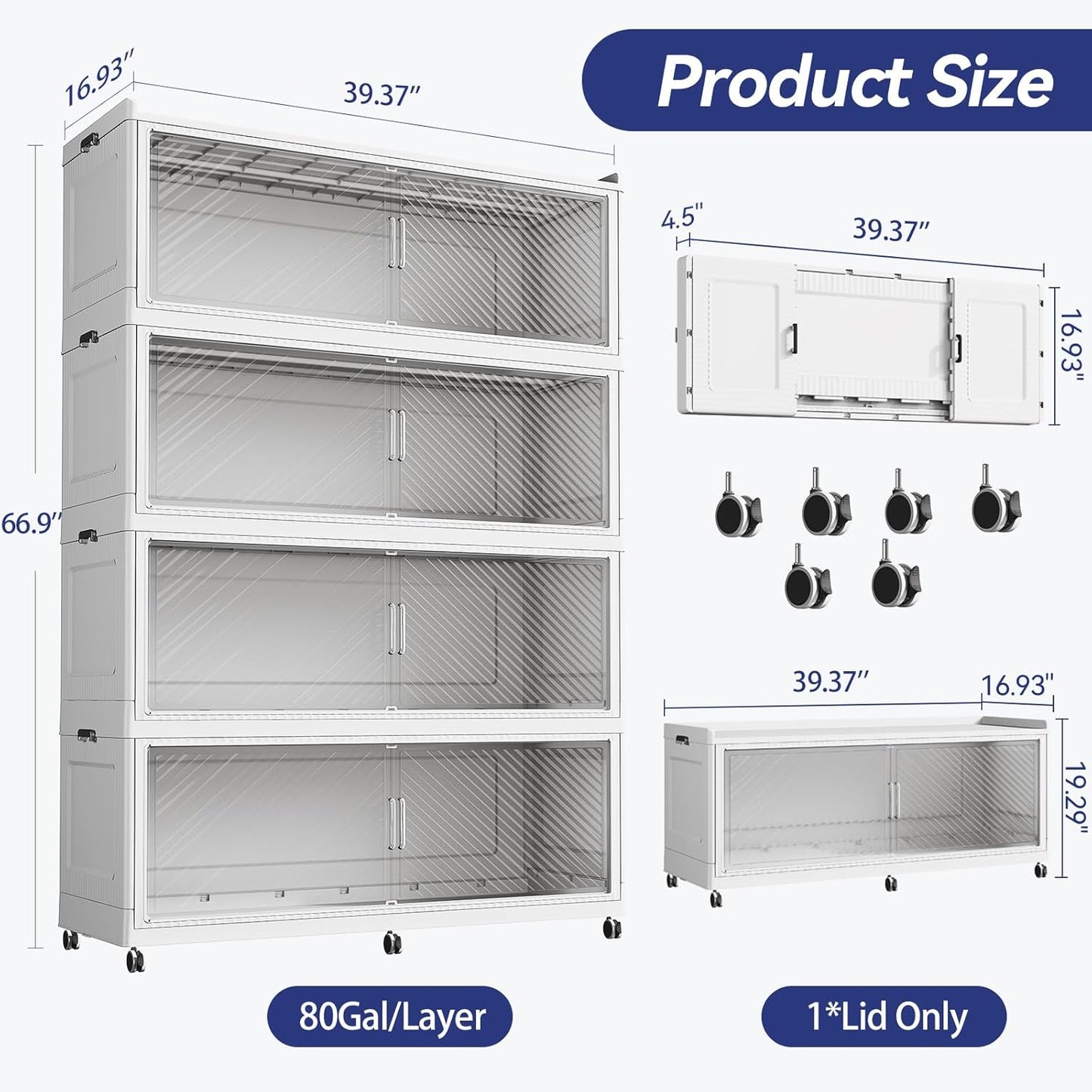 320 Gallon Extra Large Collapsible Storage Bin with Lid, 1280QT Stackable Plastic Organizer with 6x Wheels, Foldable Drawer Cabinet for Closet, Living Room Office Dorm 4Pack, White