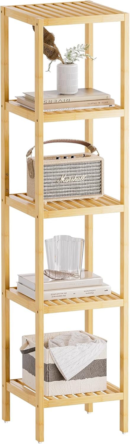 SMIBUY Bathroom Storage Shelf, 5-Tier Bamboo Rack Organizer, Multifunctional Shelving Unit for Living Room Bedroom Kitchen (Natural)