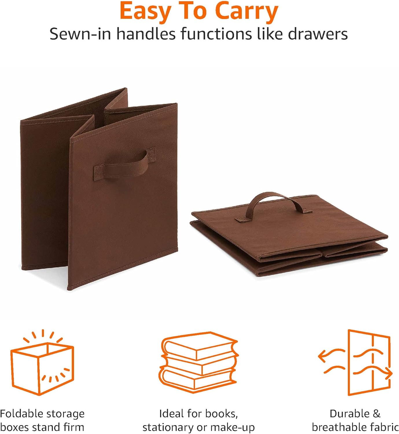 Amazon Basics Cube Organizer Storage Bins Handles, Collapsible Fabric, Pack of 6, 10.5"x10.5"x11", Brown