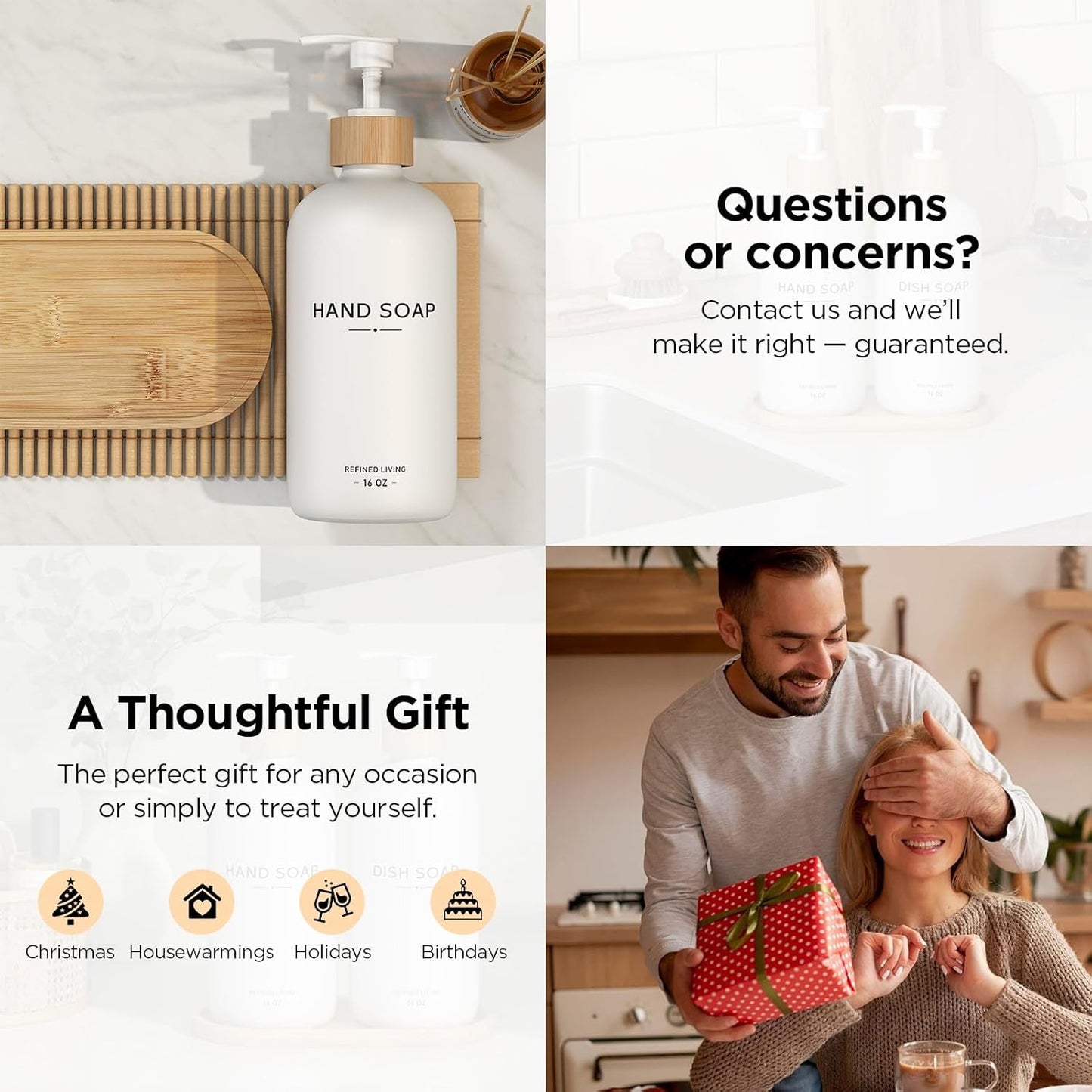 Hand and Dish Soap Dispenser Set,16oz Glass Bottles with Printed Labels, Bamboo Tray & Pump,Countertop Soap Dispensers for Kitchen,Luxury, Minimalist & Farmhouse Decor (Hand Dish (White))